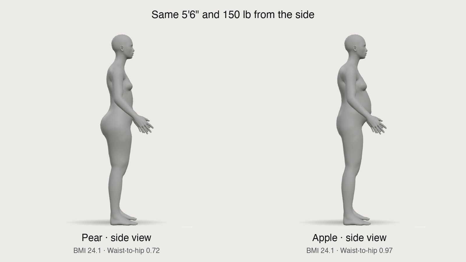 Side view of two female 3D models at 5'6" and 150 lbs, Pear on the left and Apple on the right, with waist-to-hip readout under each